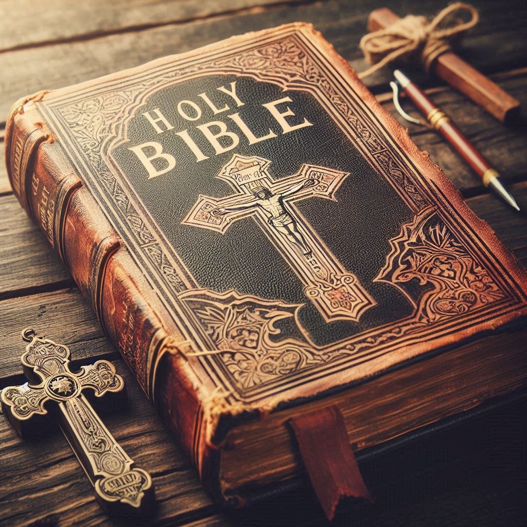 Ornate leather-bound Holy Bible with gold letering on wooden table with cross and scroll
