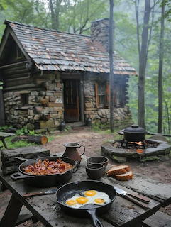 Rustic outdoor breakfast with eggs and bacon in cast iron pans near a stone log cabin in the woods
