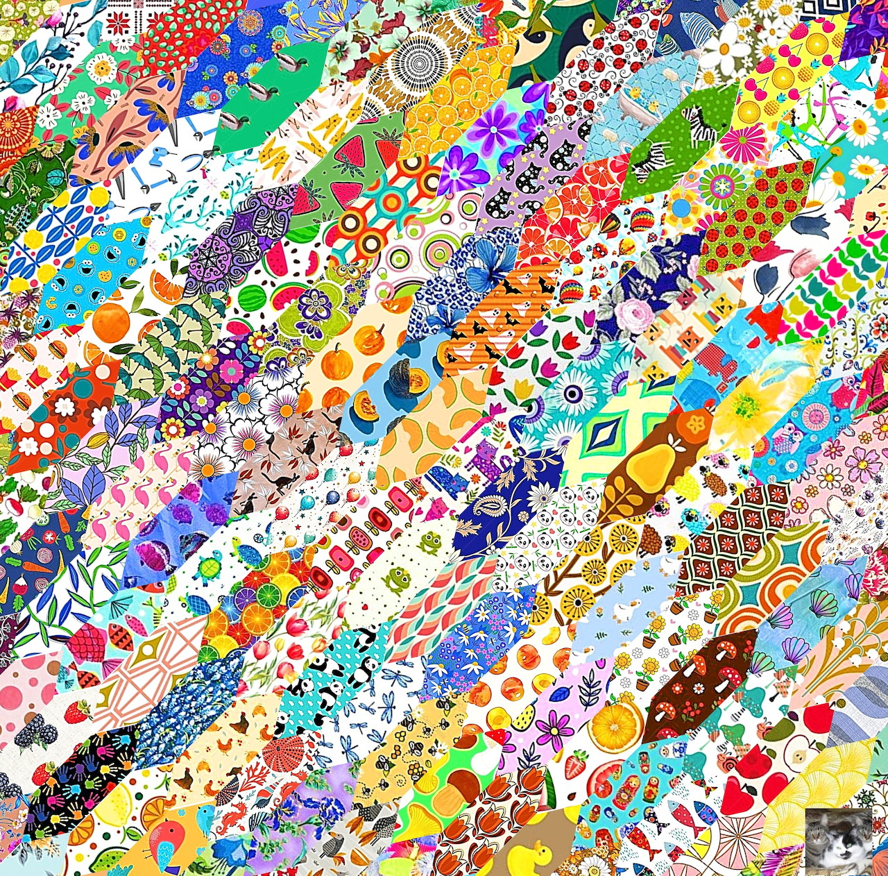Abstract collage with diagonal colorful patterned strips featuring flowers, shapes, and decorative motifs