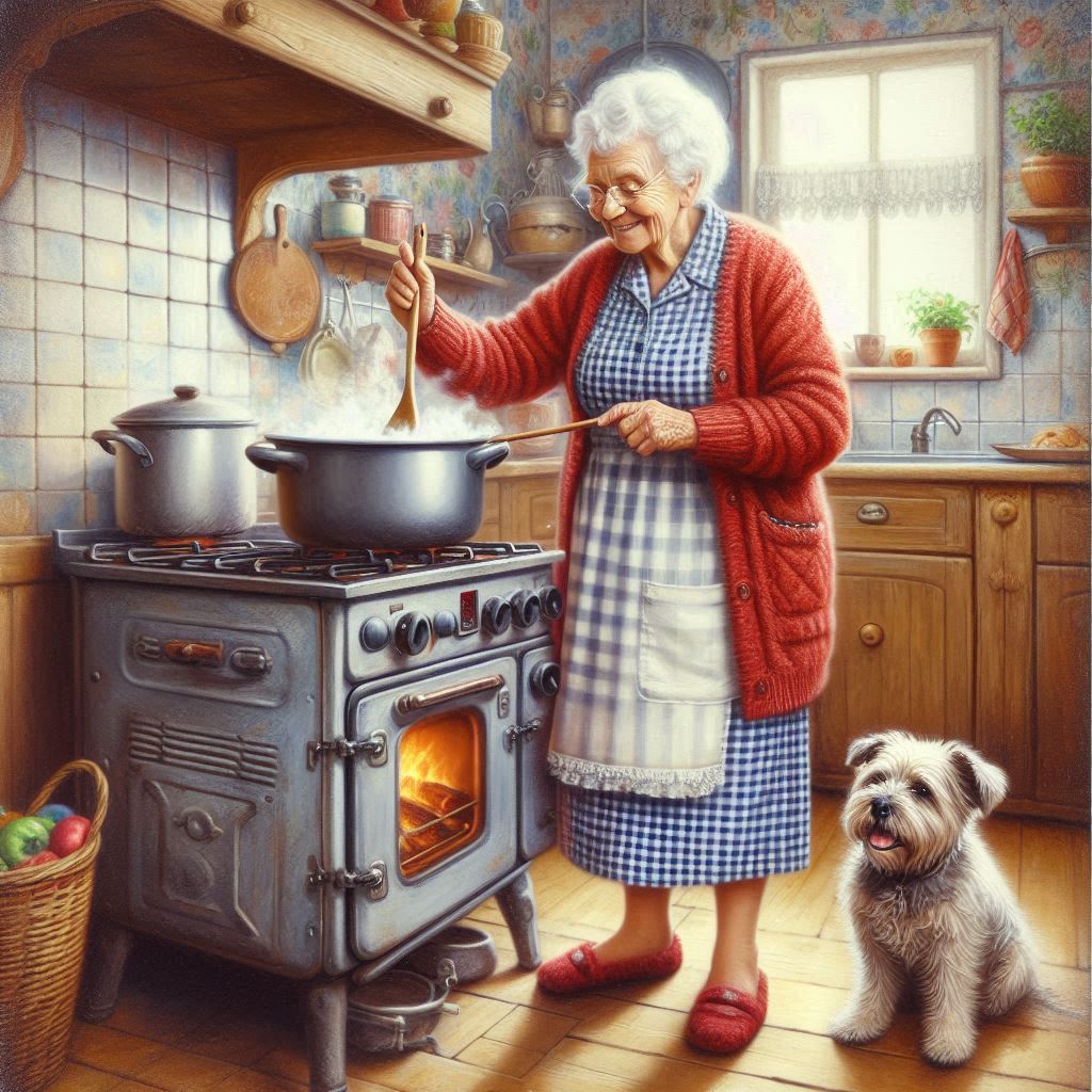 Elderly woman cooking at vintage stove in rustic kitchen with small dog