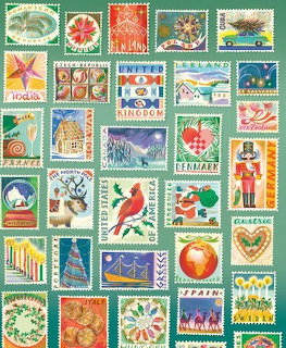 Grid of colorful illustrated vintage postage stamps from various countries on a green background.