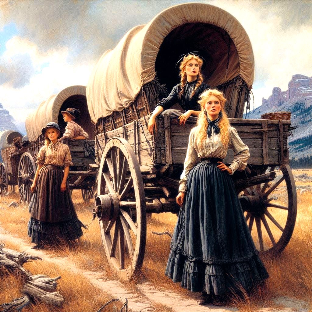 Two pioneer women in long dresses standing by covered wagons on a frontier trail with mountains in background