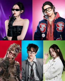 Five K-pop performers in stylish outfits posed against colorful purple, red, green, and blue backgrounds