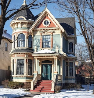 Pastel Victorian house with turret, ornate trim, and red front steps in a snowy winter setting