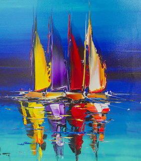 Colorful sailboats with vivid reflections on blue water painting