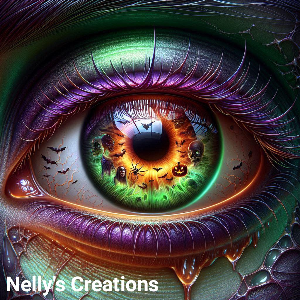 Close-up fantasy eye with rainbow iris, purple lashes, and golden ornamental details