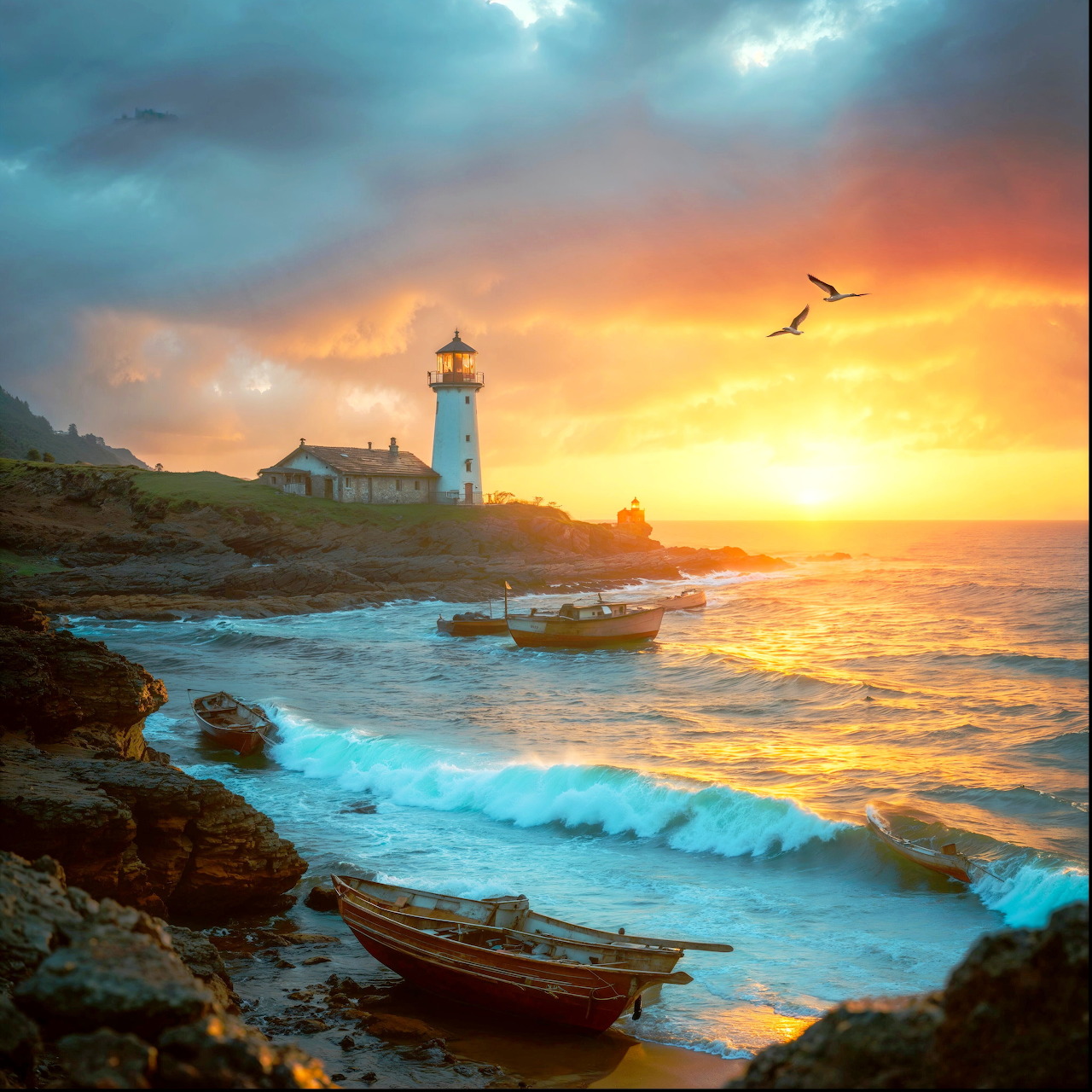 Lighthouse on a rocky coast at sunset with ocean waves and small boats