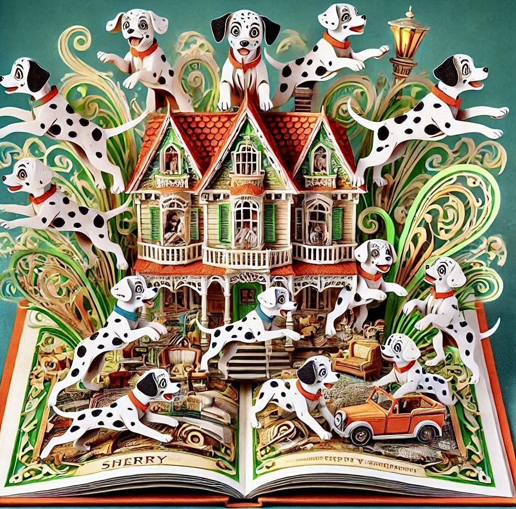 Open storybook showing 3D paper craft scene of dalmatian dogs around a cottage with ornate green swirls