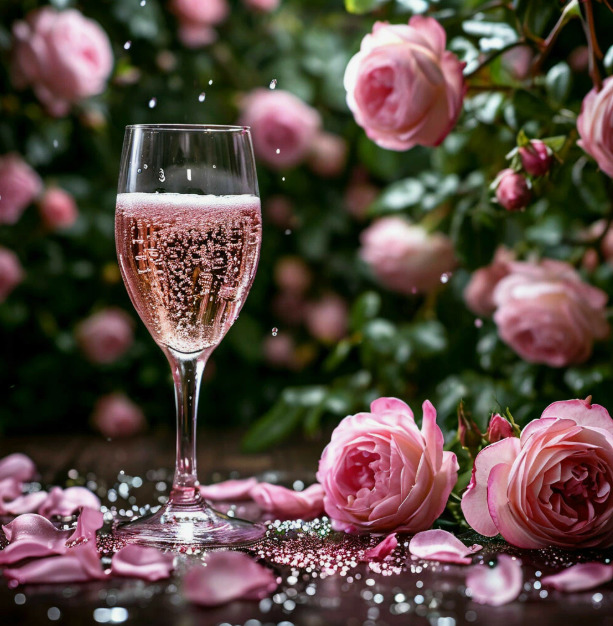 Glass of pink sparkling champagne next to pink roses with bokeh background