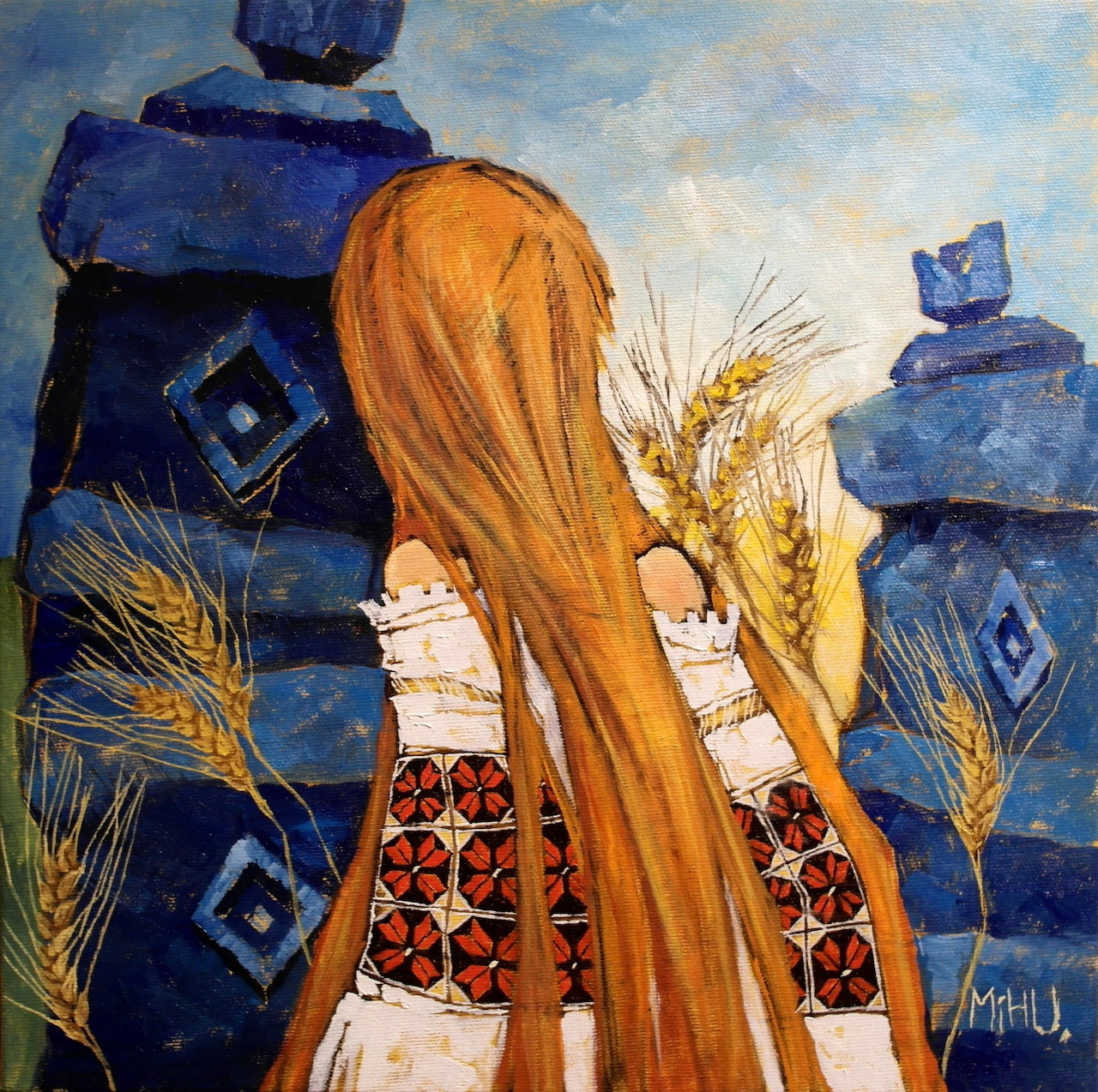 Painting of woman in traditional dress holding wheat with blue pottery vessels behind her