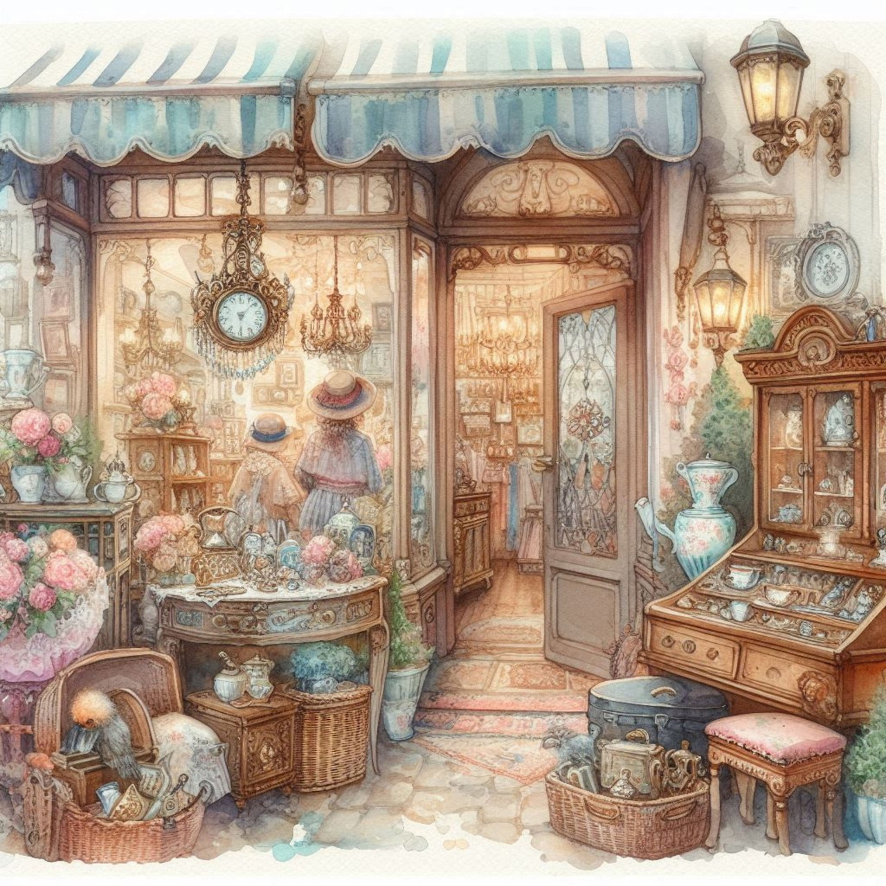 Illustrated antique shop storefront with wooden displays, flowers, decorative items, and striped blue awning