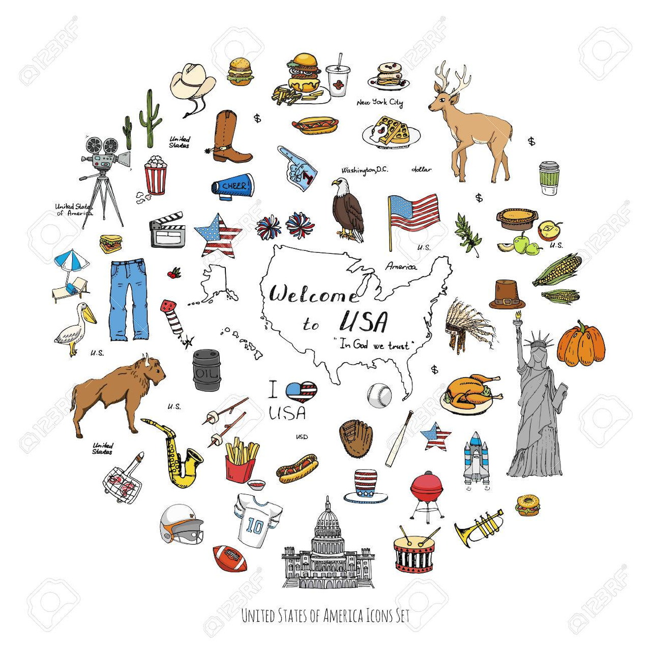 Illustrated collage of American symbols arranged around a map of the United States