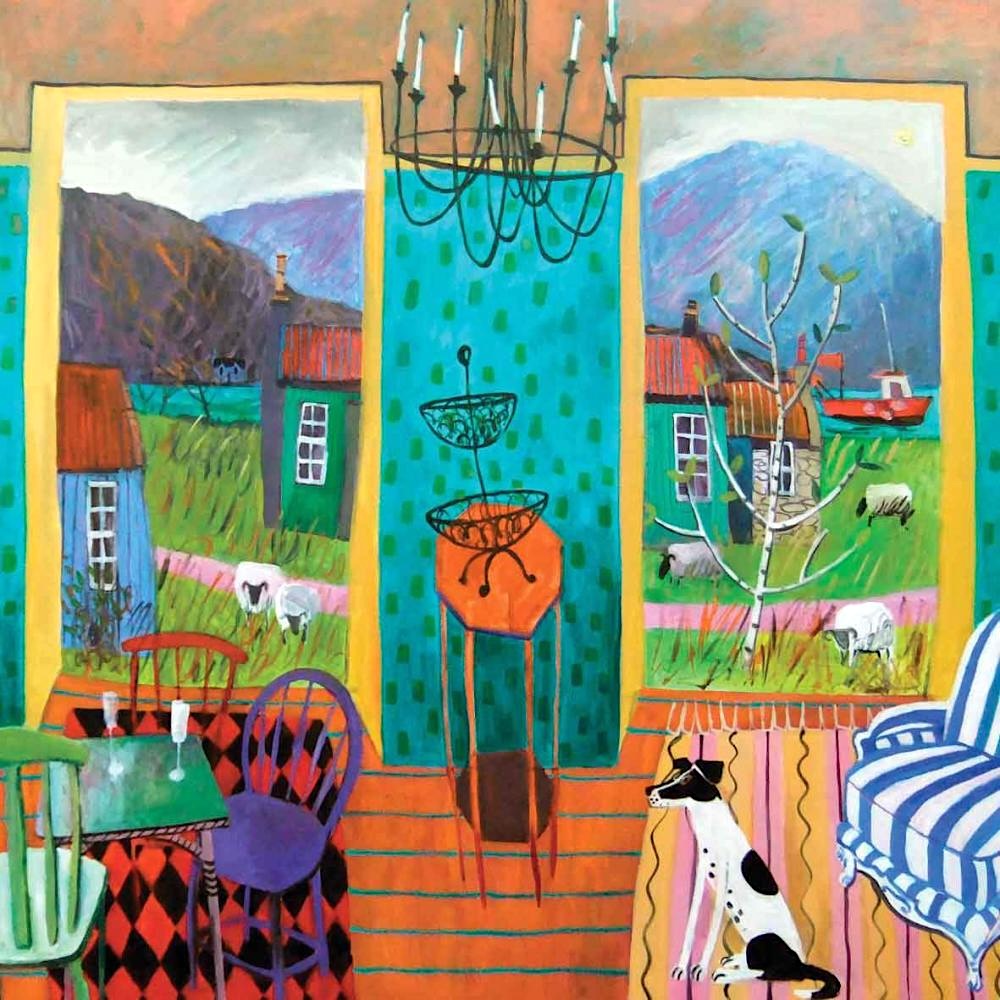 Naive style painting of bright interior with two dogs, colorful furniture, chandelier, and windows showing rural scenes with sheep