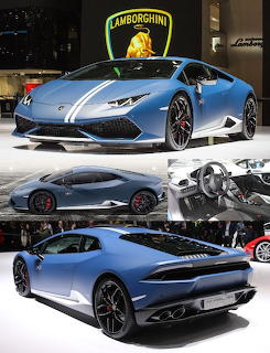 Collage showing a blue Lamborghini Huracan sports car from front, side, rear, and interior views