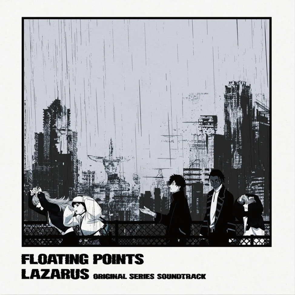 Black-and-white anime-style soundtrack cover with figures in a damaged city and visible Lazarus text