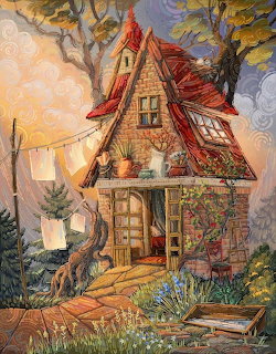 Whimsical painted cottage with steep red roof, warm lights, and garden path in autumn forest setting