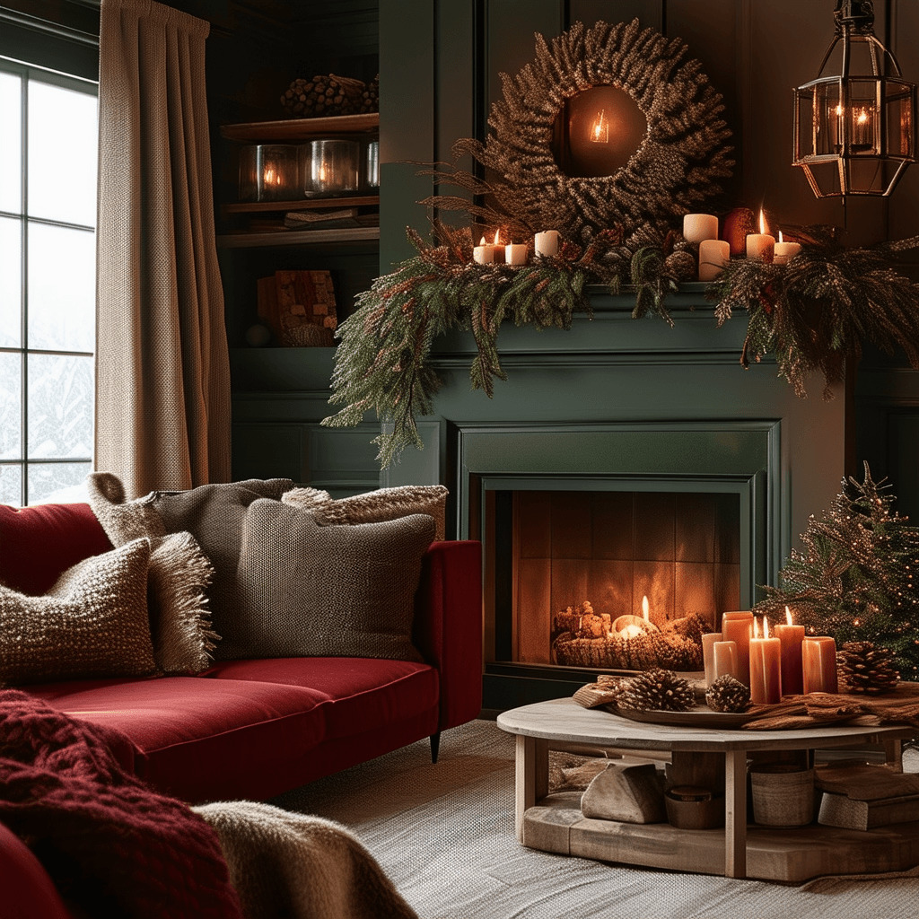 Cozy Christmas living room with fireplace, candles, garland, and red sofa