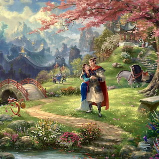 Painting of Mulan and Li Shang in a blooming garden with bridges and a palace backdrop