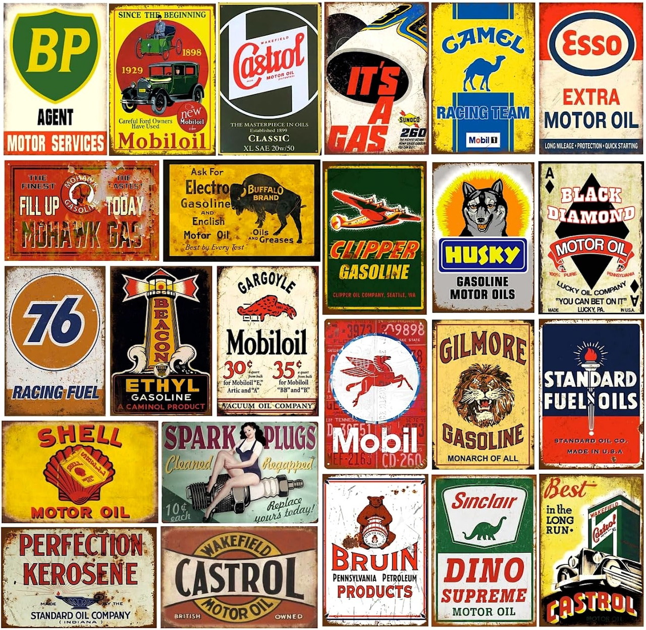 Grid collage of vintage automotive oil, gas and service station advertising signs in various colors and designs