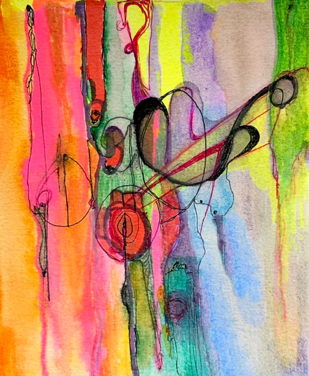 Colorful abstract painting with vertical watercolor bands and black swirling ink lines