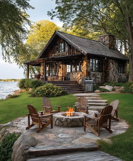 Rustic wooden cabin by lake with firepit and Adirondack chairs on green lawn