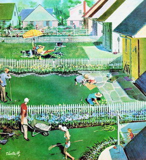Vintage illustration of 1950s suburban neighborhood with people gardening in connected backyards separated by white picket fences