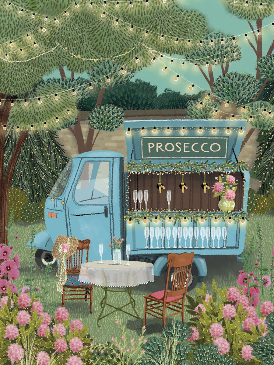 Blue vintage food truck serving Prosecco in a garden with pink flowers and green foliage