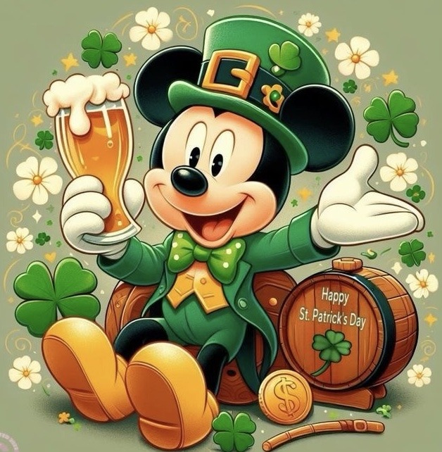 Mickey Mouse dressed as leprechaun holding beer mug with shamrocks and barrel