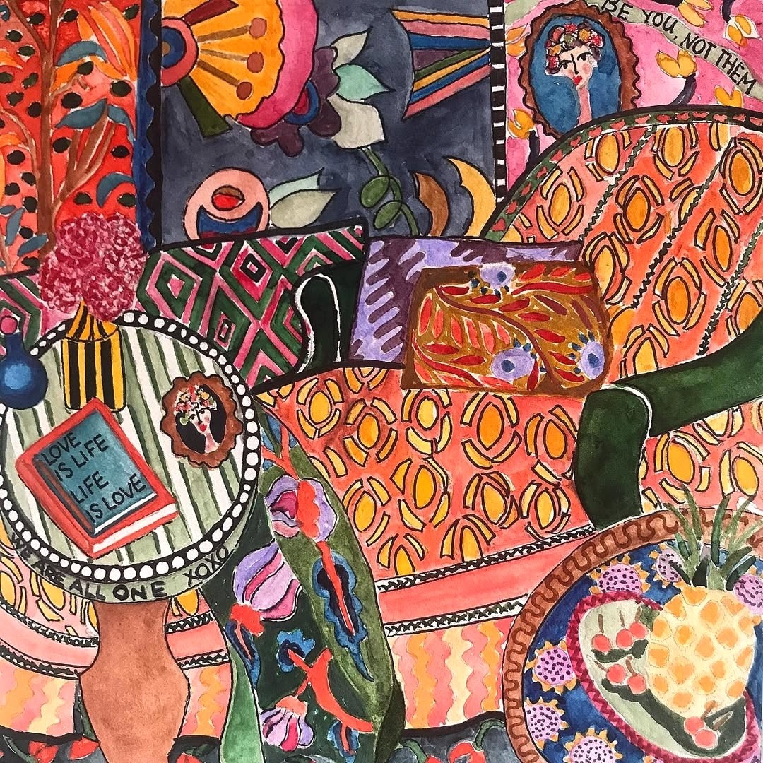 Colorful maximalist painting of patterned interior with ornate furniture, textiles, and decorative objects