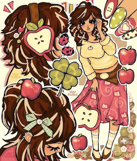 Anime-style girl with brown hair, red apples, and clover decorations