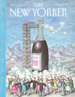 New Yorker cover illustration of giant champagne bottle on NASA launch pad with celebrating crowd below