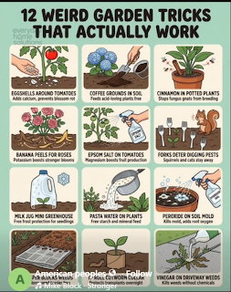 Collage of 12 illustrated gardening tips showing plants, seeds, tools and growing methods in grid format