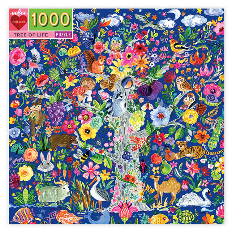 Colorful tree of life illustration with flowers, birds, and animals on a blue background