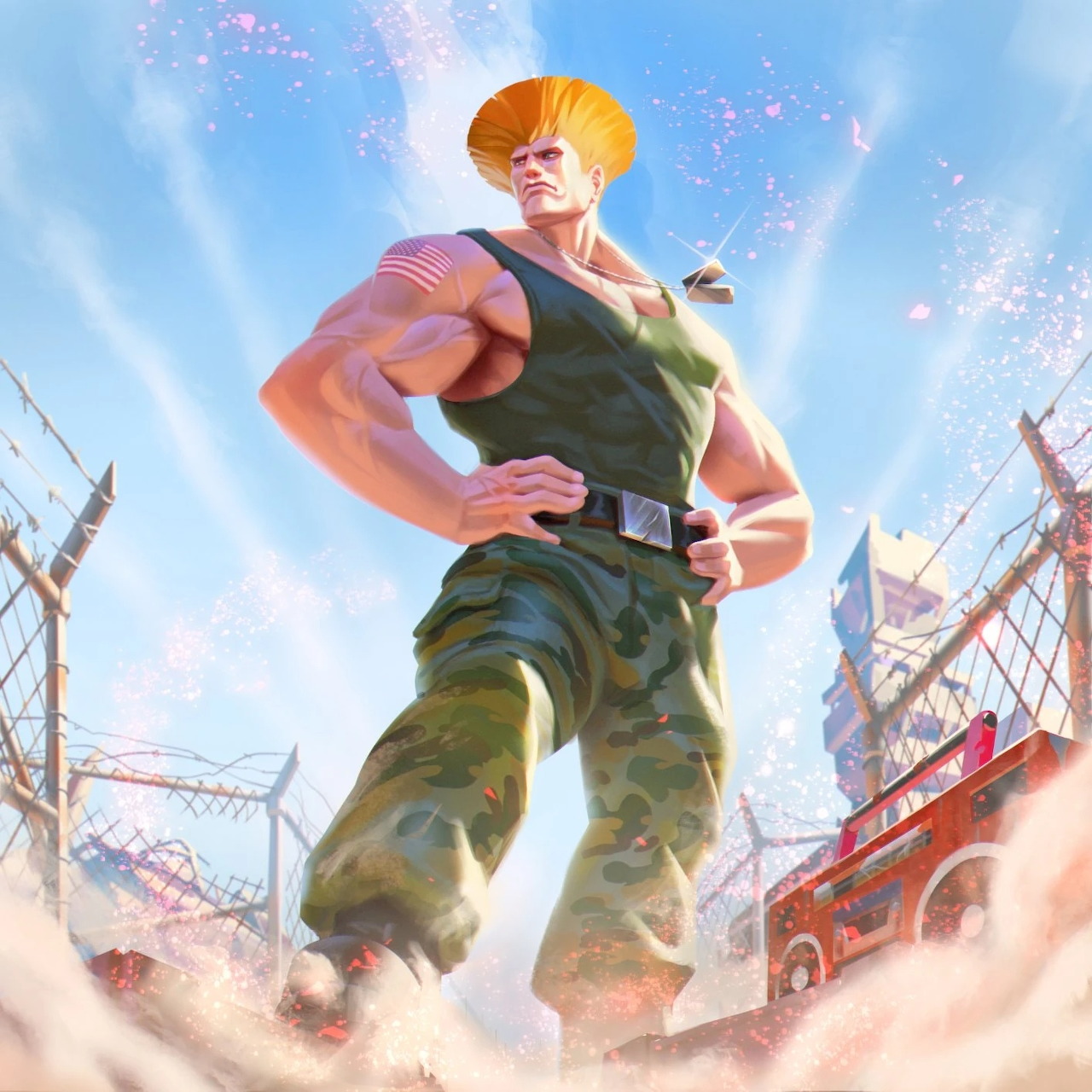 Illustration of Guile in a green tank top and camouflage pants standing in a dramatic outdoor scene