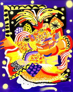 Abstract art with swirling geometric patterns in bright yellow, orange, purple and black with polka dot border