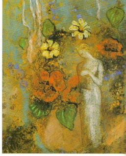 Impressionist painting of orange and yellow flowers in a glass vase against a textured background