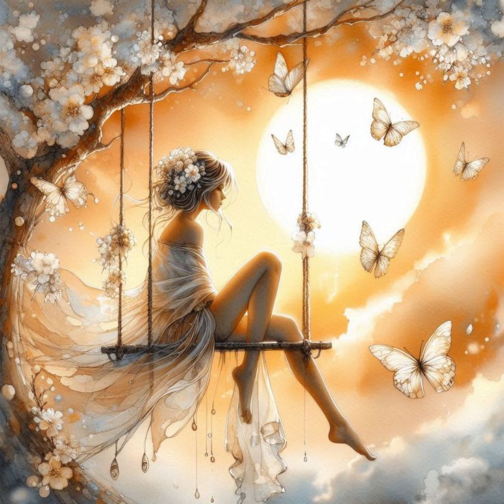 Woman in flowing dress on swing with butterflies and cherry blossoms against golden sunset