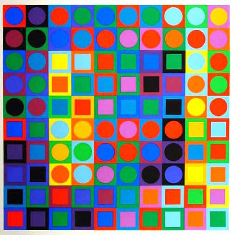 Colorful abstract grid of bright squares and circles on a black background