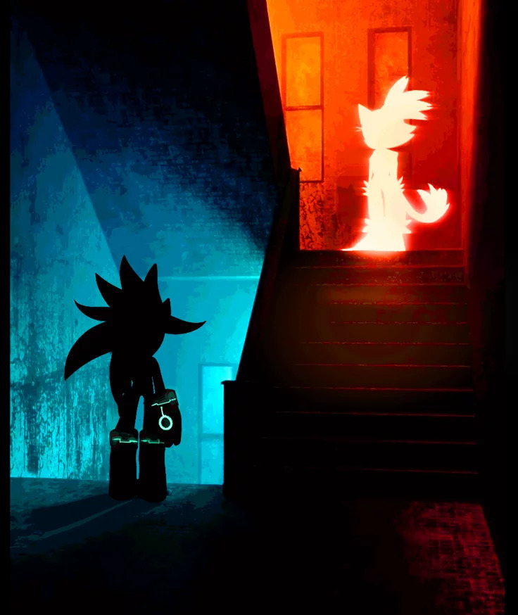Silhouettes of Silver and Blaze characters backlit in blue and orange light in a dark hallway