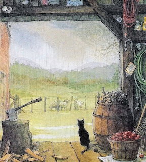 Black cat in barn doorway viewing foggy pastoral scene with distant grazing animals