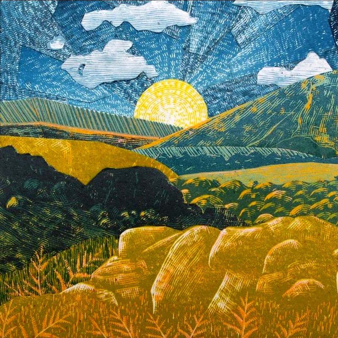 Textured landscape art of a sunrise over rolling green and golden hills beneath a blue sky