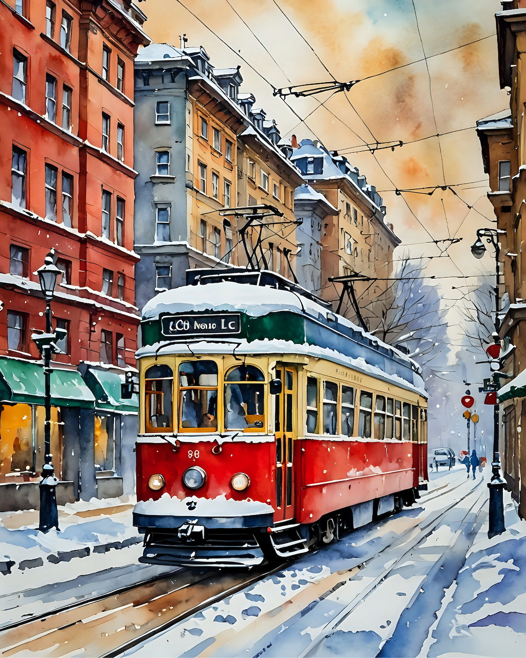 Red and yellow vintage tram on snowy cobblestone street between colorful historic buildings in winter
