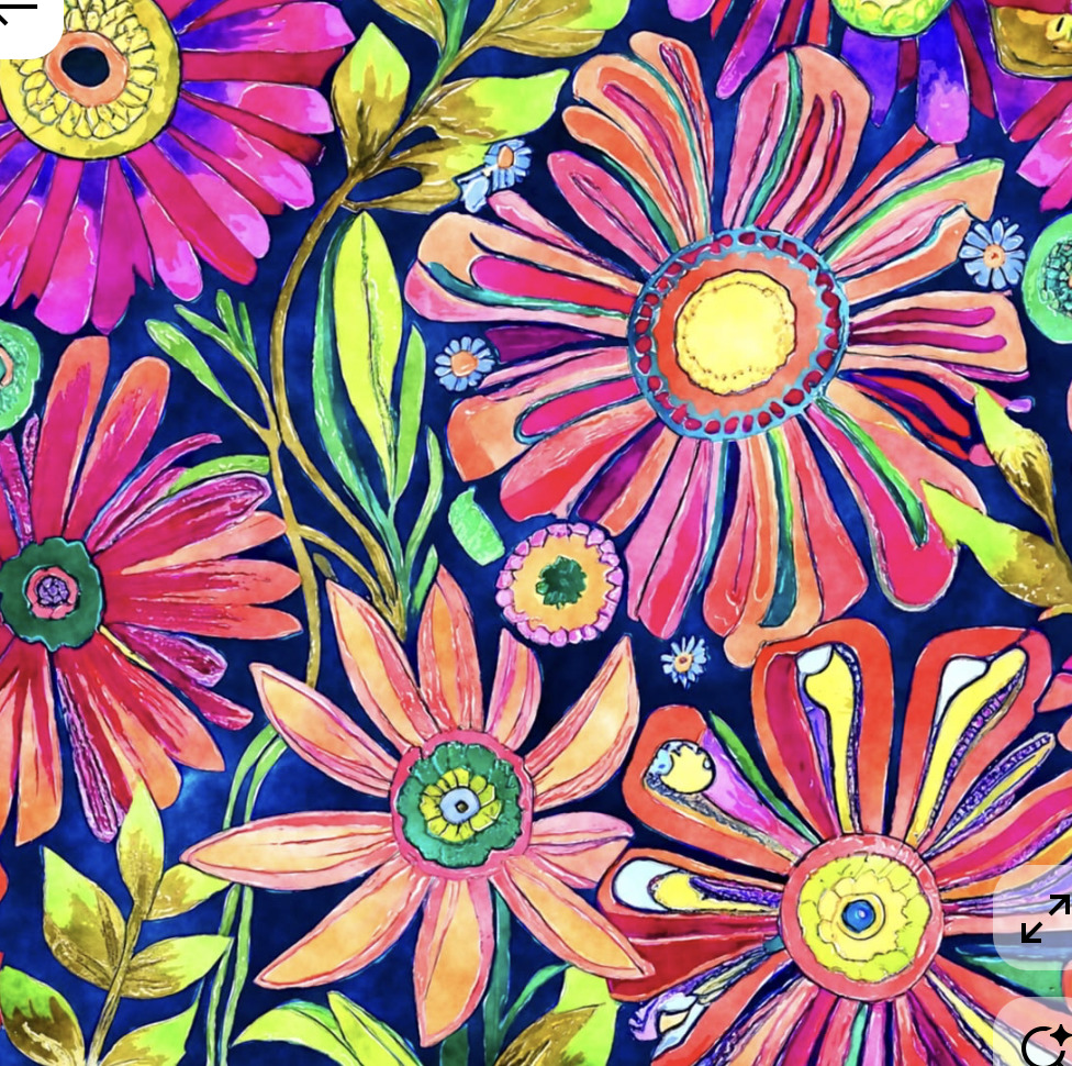 Vibrant abstract floral painting with multicolored stylized flowers on dark background