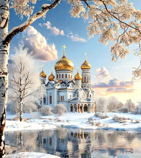 Snow-covered Orthodox church with gold domes reflecting in water, framed by frosted birch trees in winter