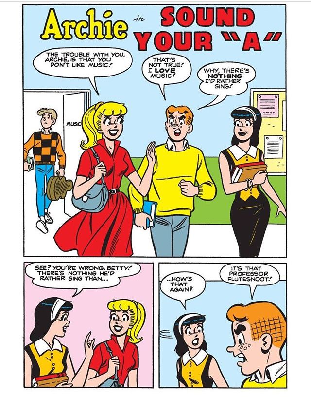 Vintage Archie comic panel with Betty, Archie, and Veronica in a school hallway