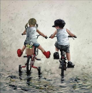 Painting of a girl on a red tricycle and a boy on a bicycle riding together, seen from behind