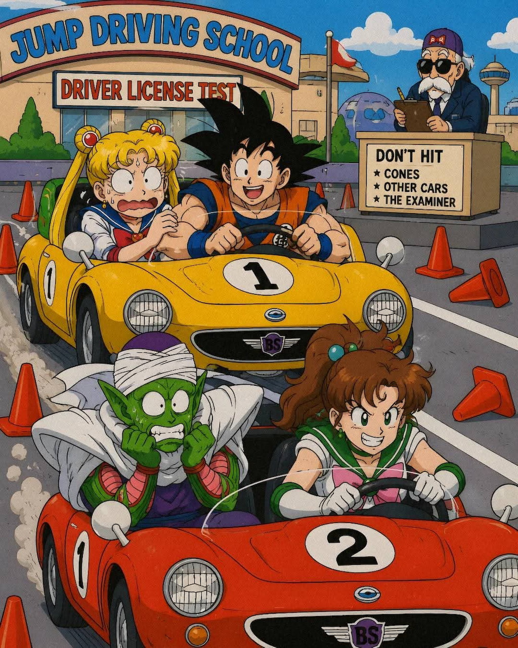 Anime characters in two racing cars at driving school with instructor and cones