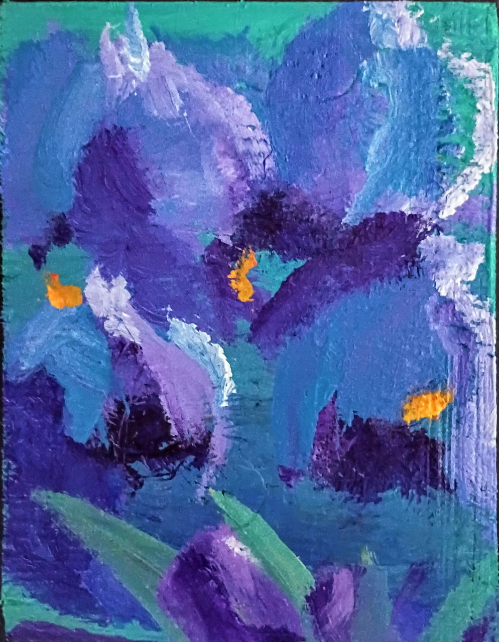 Abstract painting in blue, purple, and teal with textured brushstrokes and small orange accents