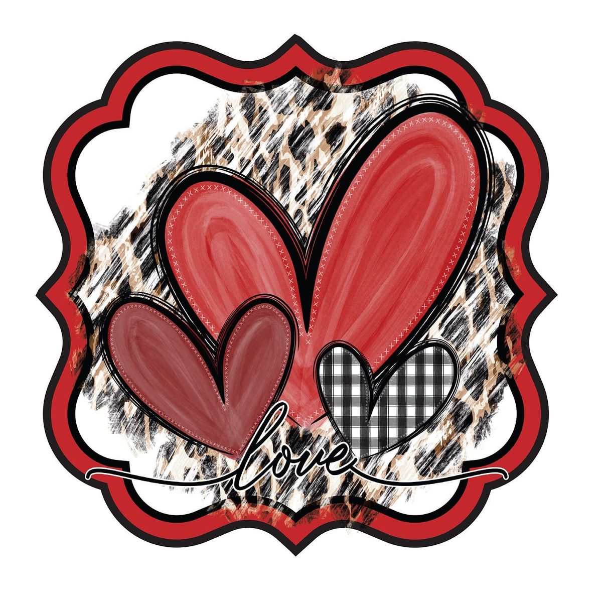 Illustration of red and pink hearts with the word love in a decorative frame