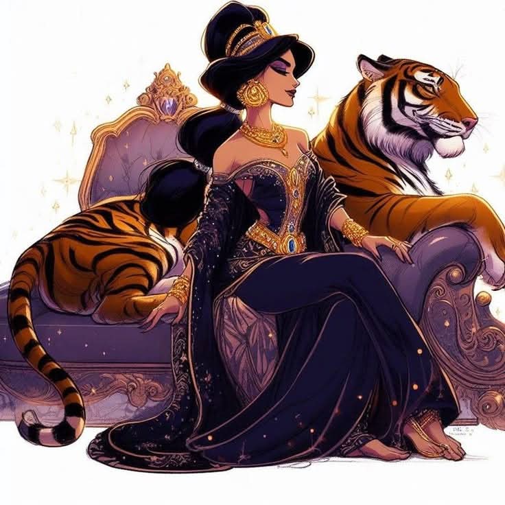 Princess Jasmine sitting with tiger Rajah in purple and gold attire